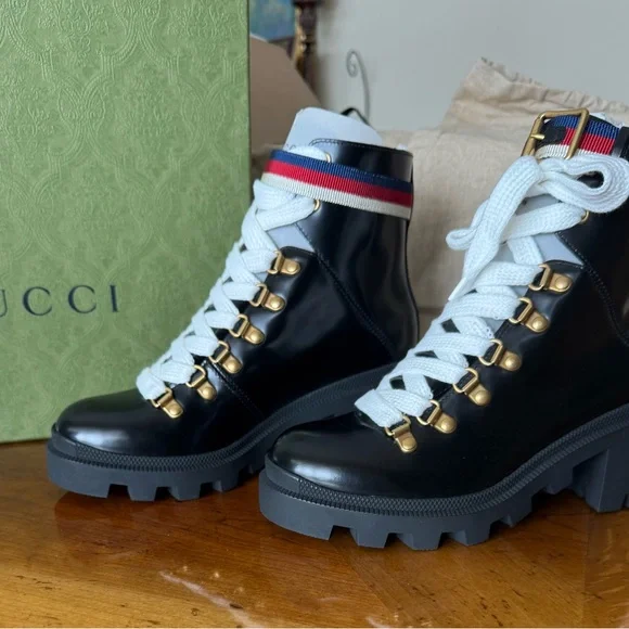 Gucci Calfskin Sylvie Web lace up combat boots - Picture 5 of 8